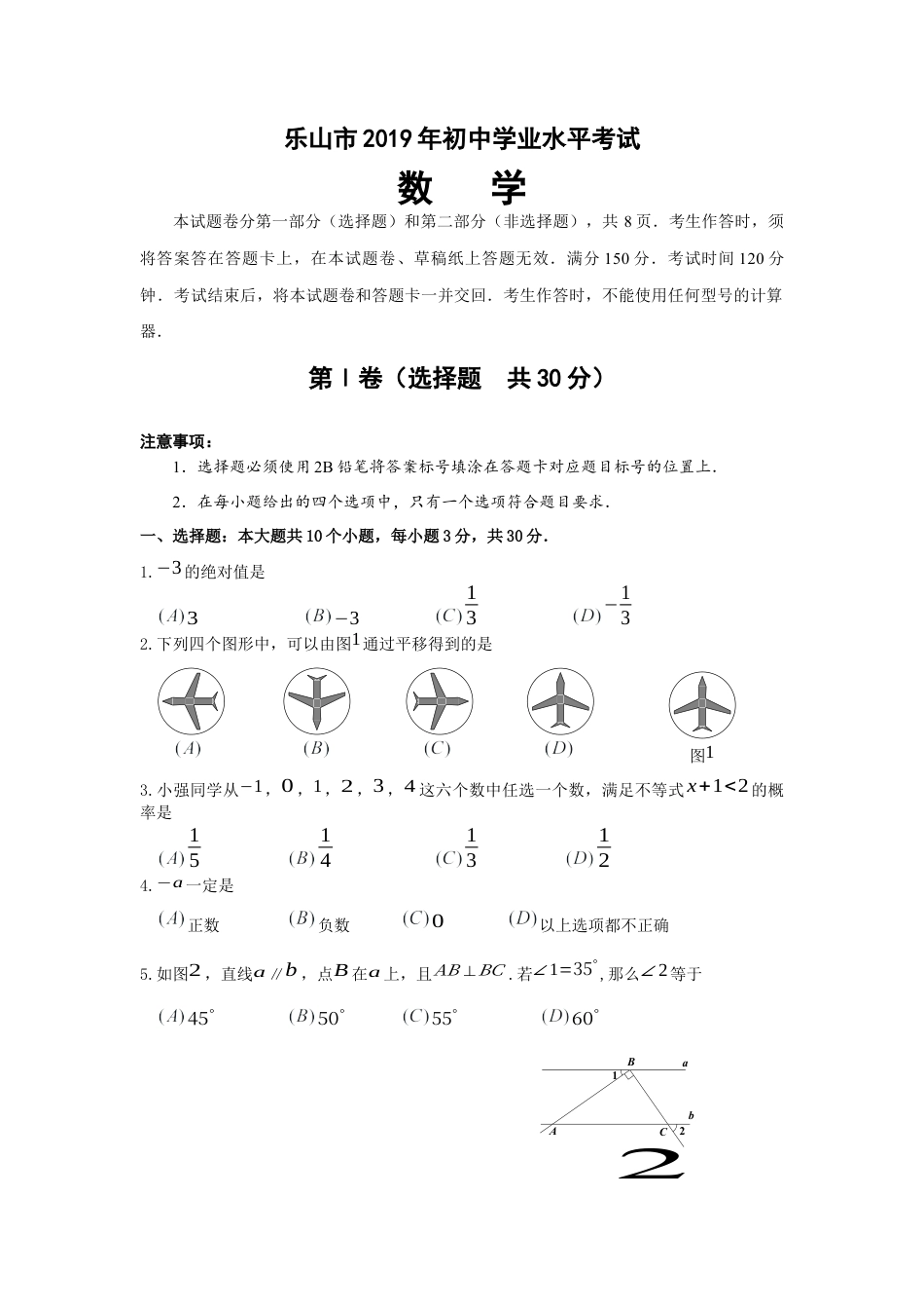 历年真题：2019四川省乐山市初中学业水平考试数学试题(含答案）.docx_第1页