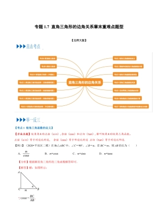 数学九年级上册专题1.7 直角三角形的边角关系章末重难点题型（举一反三）（北师大版）（解析版）.docx