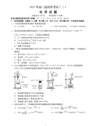 2025届江苏省如皋市高三适应性调研考试历史试卷（三）化学（含答案）.pdf