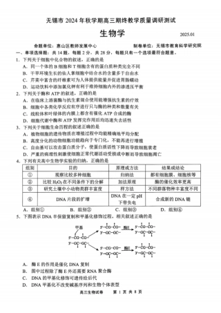 江苏省无锡市2024年秋季学期上学期高三期终教学质量调研测试 生物_生物试题.pdf