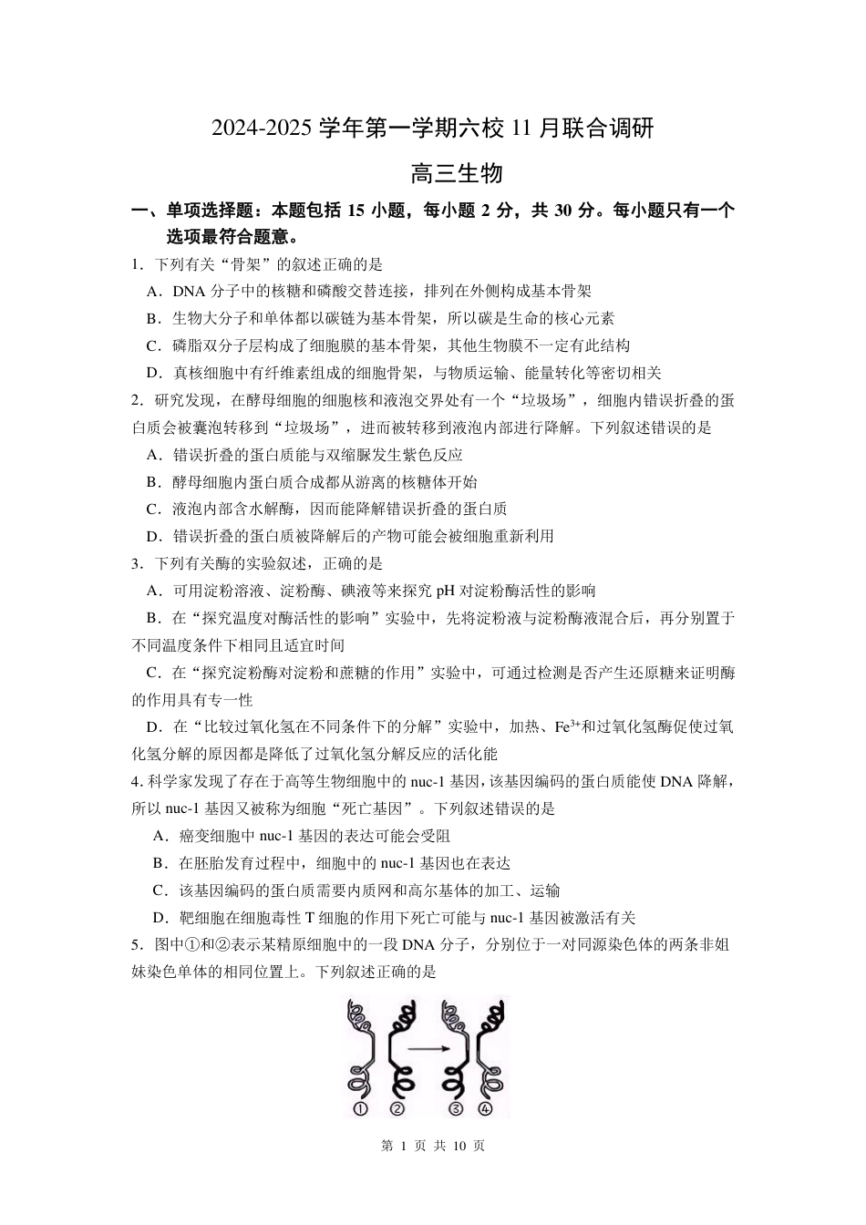 江苏省南京市六校联合体2024-2025学年高三上学期11月联考生物（高三11月联合调研）_生物试卷.pdf_第1页