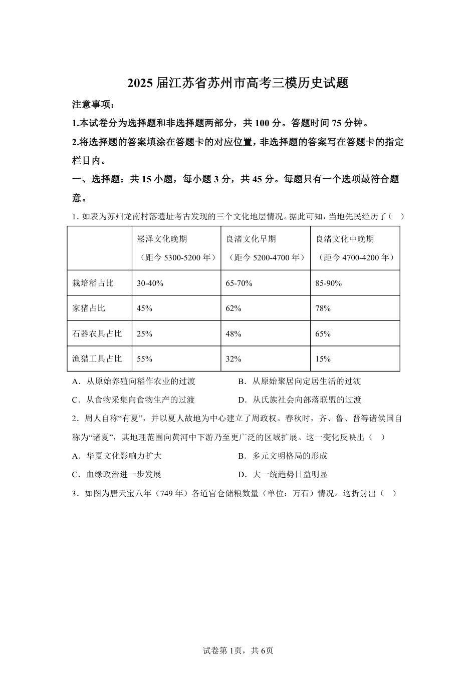江苏苏州市2025届高三三模-历史试卷+答案.pdf_第1页