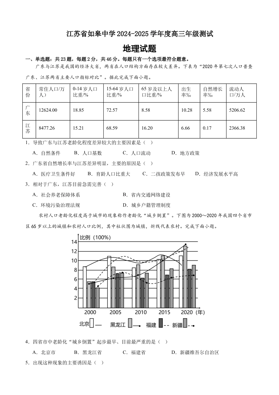 江苏省南通市如皋中学2024-2025学年高三上学期开学测试地理试题（含答案）.docx_第1页