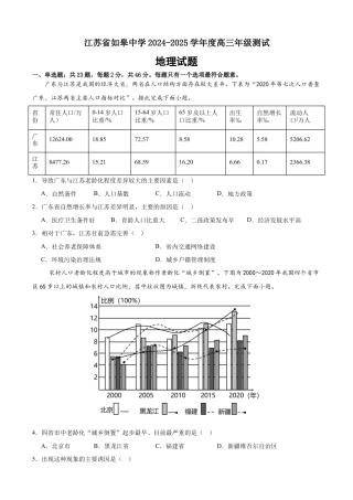 江苏省南通市如皋中学2024-2025学年高三上学期开学测试地理试题（含答案）.docx