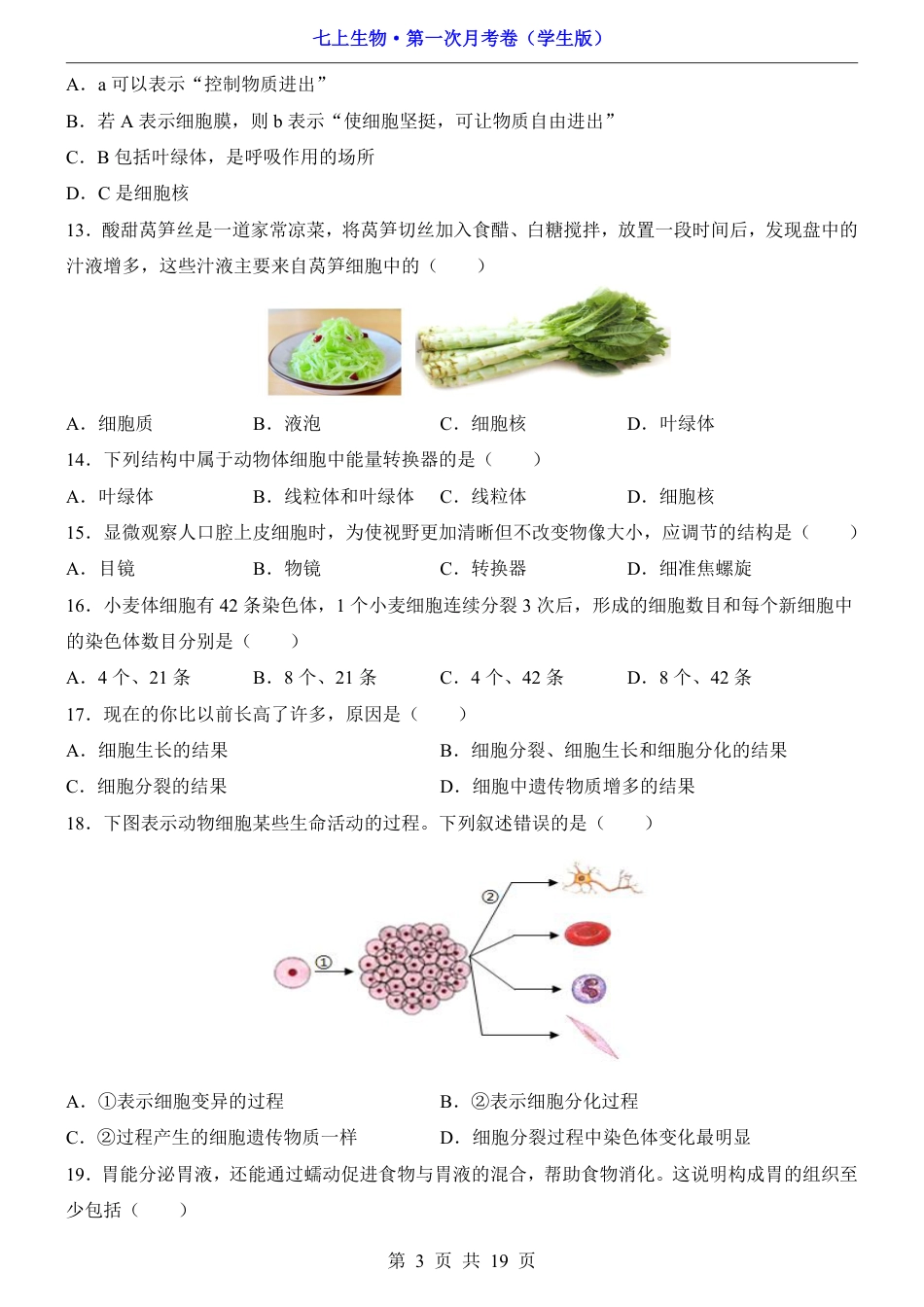 【苏教版】七年级上生物第1次月考【1.1-2.1】.pdf_第3页