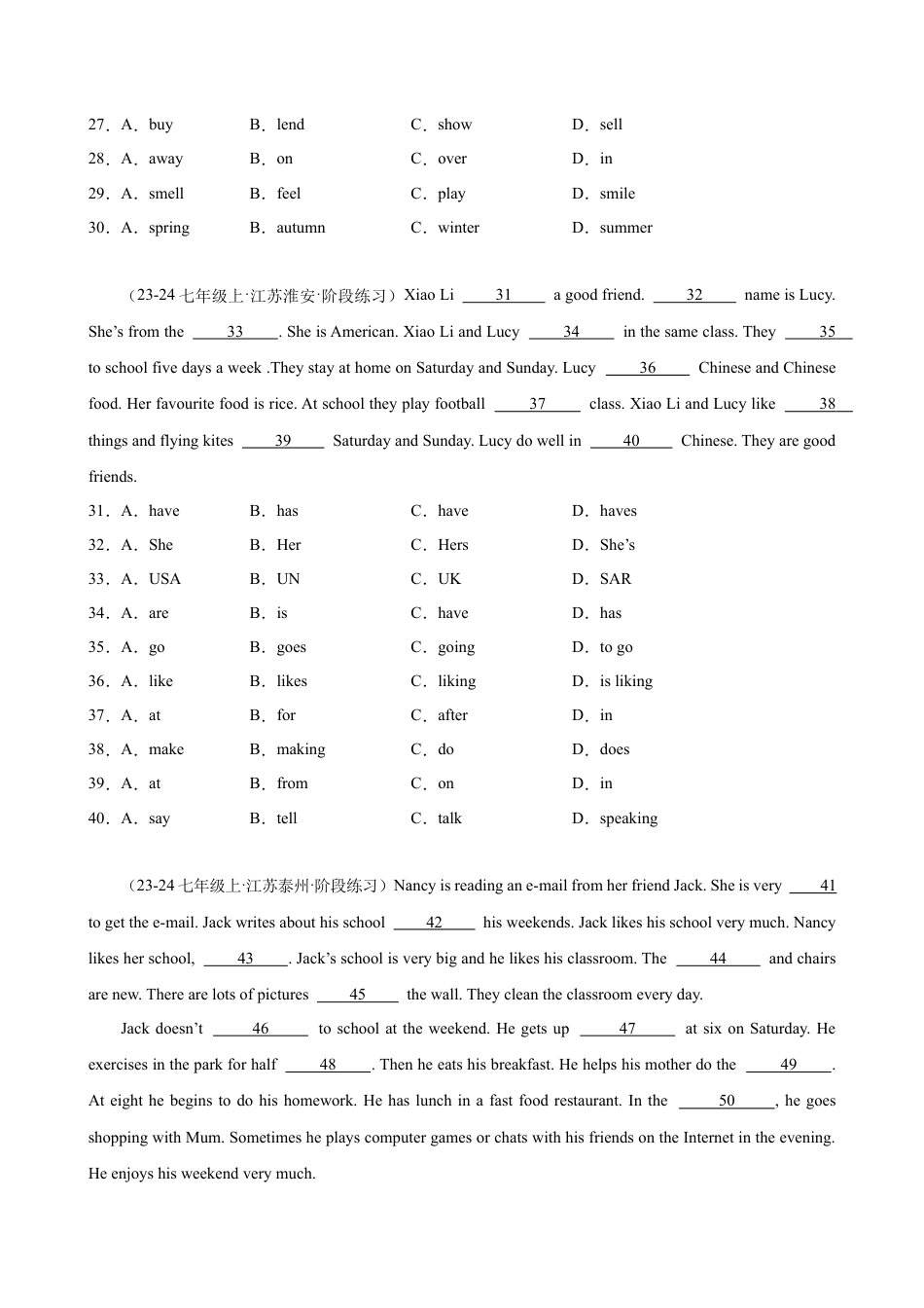 英语七年级上第一次月考复习之完形填空15篇(10空题)(江苏名校真题).docx_第3页