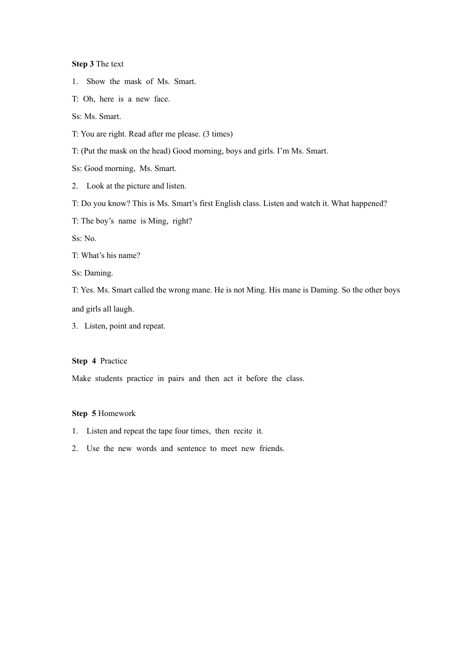 外研版英语三年级上Unit 1 I'm Ms Smart 教案 1.doc_第3页