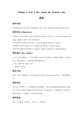 外研版英语五年级下册-Module 6 Unit 2 She visited the Tianchi Lake 教案.doc