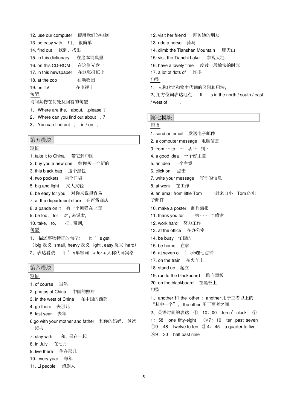 外研小学英语三起点5下 单元预习提纲.pdf_第2页
