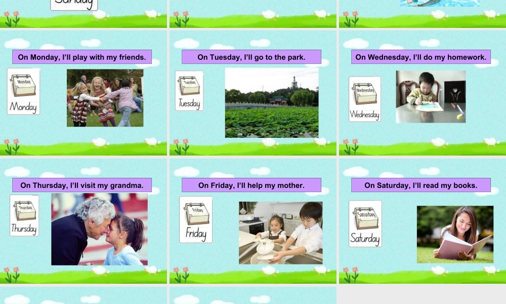 外研版小学英语课件-Module 3 Unit 2 On Monday I'll go swimming 星期演练.ppt