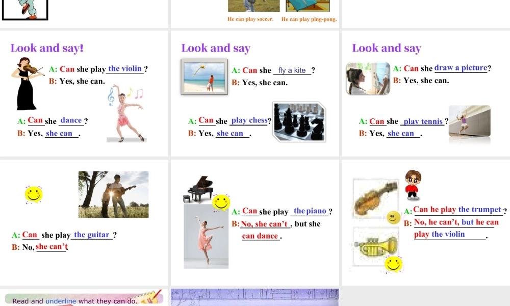 外研版小学英语课件-Module 4 Unit 1 The balloons are fling away--关于can的句型操练.ppt