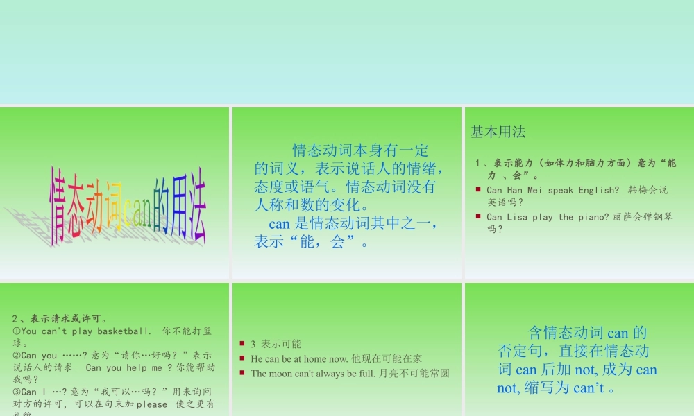 外研版小学英语课件-Module 4 Unit 2 We can find information from books and CDs--关于情态动词can的用法.ppt