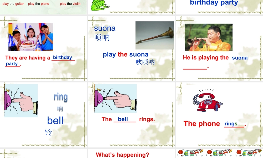 外研版小学英语课件-Module 5 Unit 1 He is playing the suona ,but the phone rings. 课件1.ppt