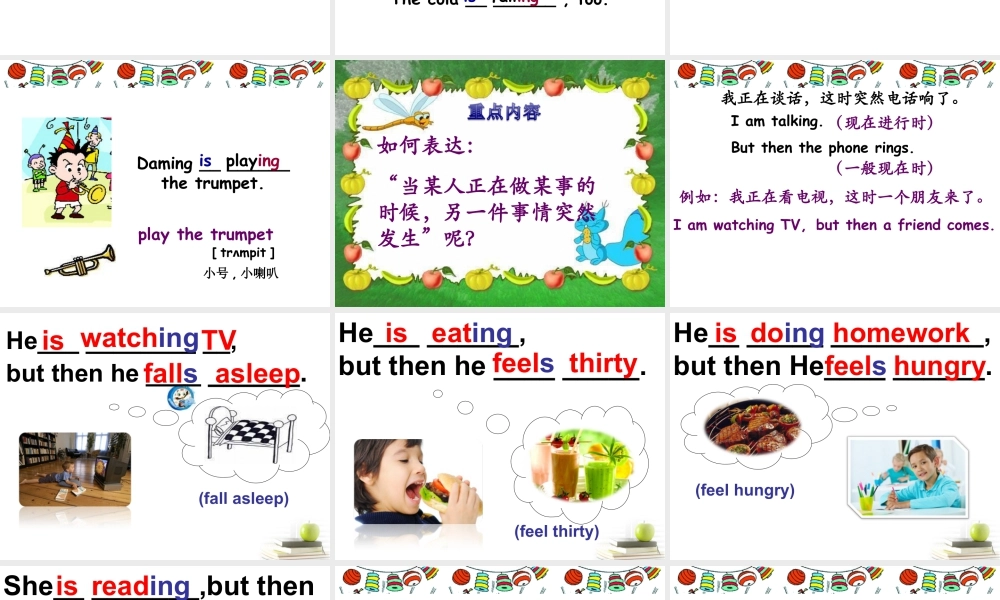 外研版小学英语课件-Module 5 Unit 1 He is playing the suona, but the talephone rings.句型操练.ppt
