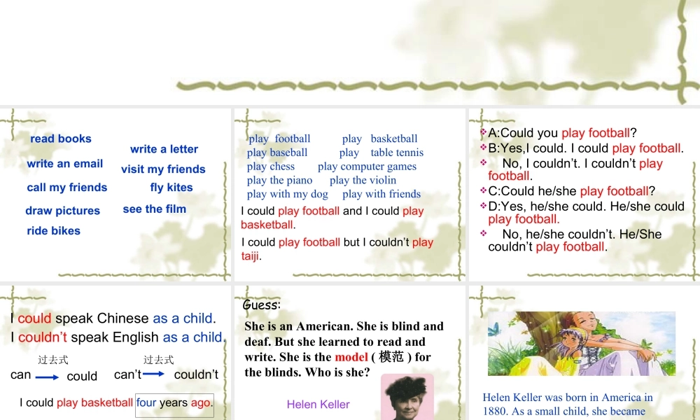 外研版小学英语课件-Module 7 Unit 2 She couldn't see or hear---could 相关句型操练.ppt