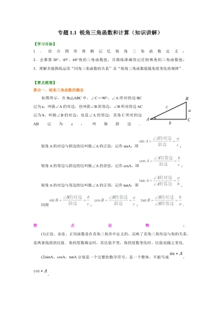 1 锐角三角函数和计算（知识讲解）-九年级数学下册基础知识专项讲练（浙教版）.docx