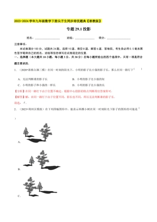 3.1投影-九年级数学下册学霸同步培优题典（解析版）【浙教版】.docx
