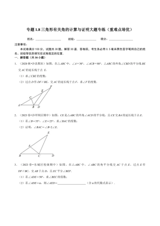 八年级数学上册-课时练习-1.8三角形有关角的计算与证明大题专练（原卷版）【浙教版】.docx