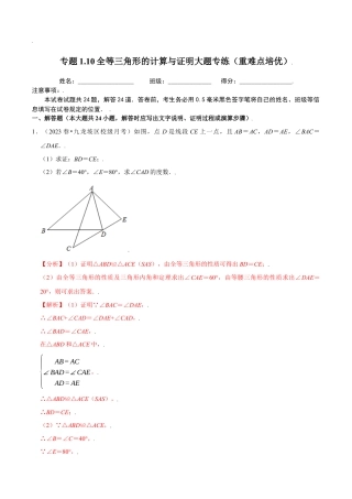 八年级数学上册-课时练习-1.10全等三角形的计算与证明大题专练（解析版）【浙教版】.docx