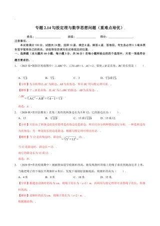 八年级数学上册-课时练习-2.14勾股定理与数学思想问题（解析版）【浙教版】.docx