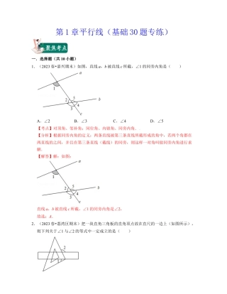 第1章平行线（基础30题专练）-七年级数学下学期考试满分全攻略（浙教版）（解析版）.docx