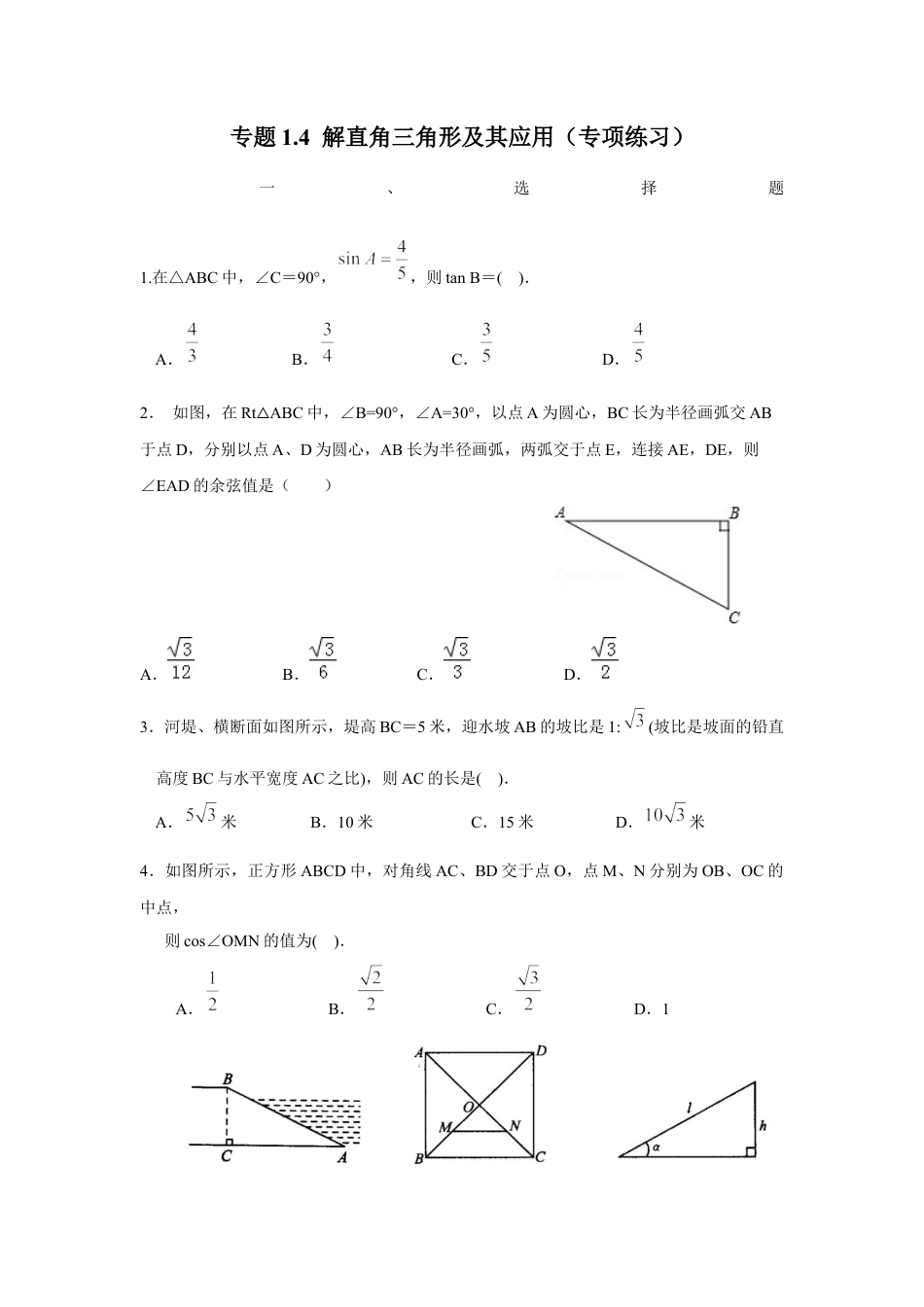 解直角三角形及其应用（专项练习）-九年级数学下册基础知识专项讲练（浙教版）.docx_第1页