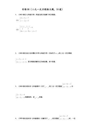 七年级数学下学期-专项复习-专练08（二元一次方程组大题，10道）-（浙教版）（原卷版）.docx