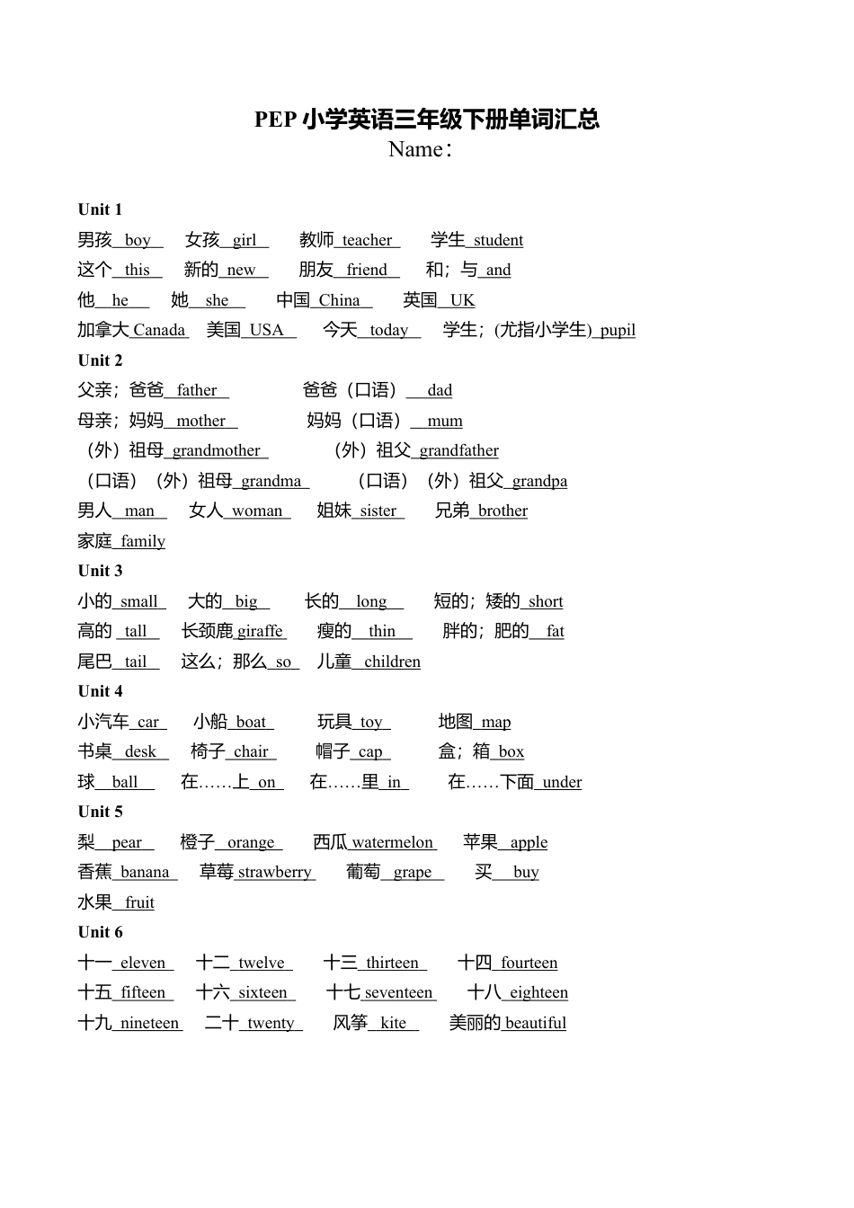 PEP小学英语三年级下册单词汇总（答案）.docx_第1页