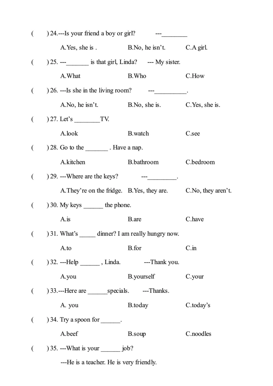 PEP人教版小学英语四年级上册单项选择专项复习试.pdf_第3页