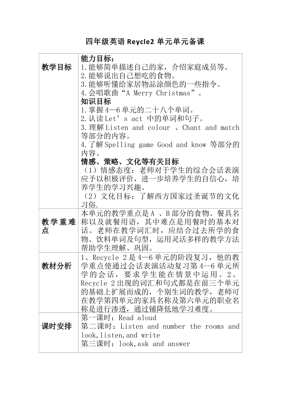 人教pep四年级上册-Recycle 2 单元教案 1.docx_第1页