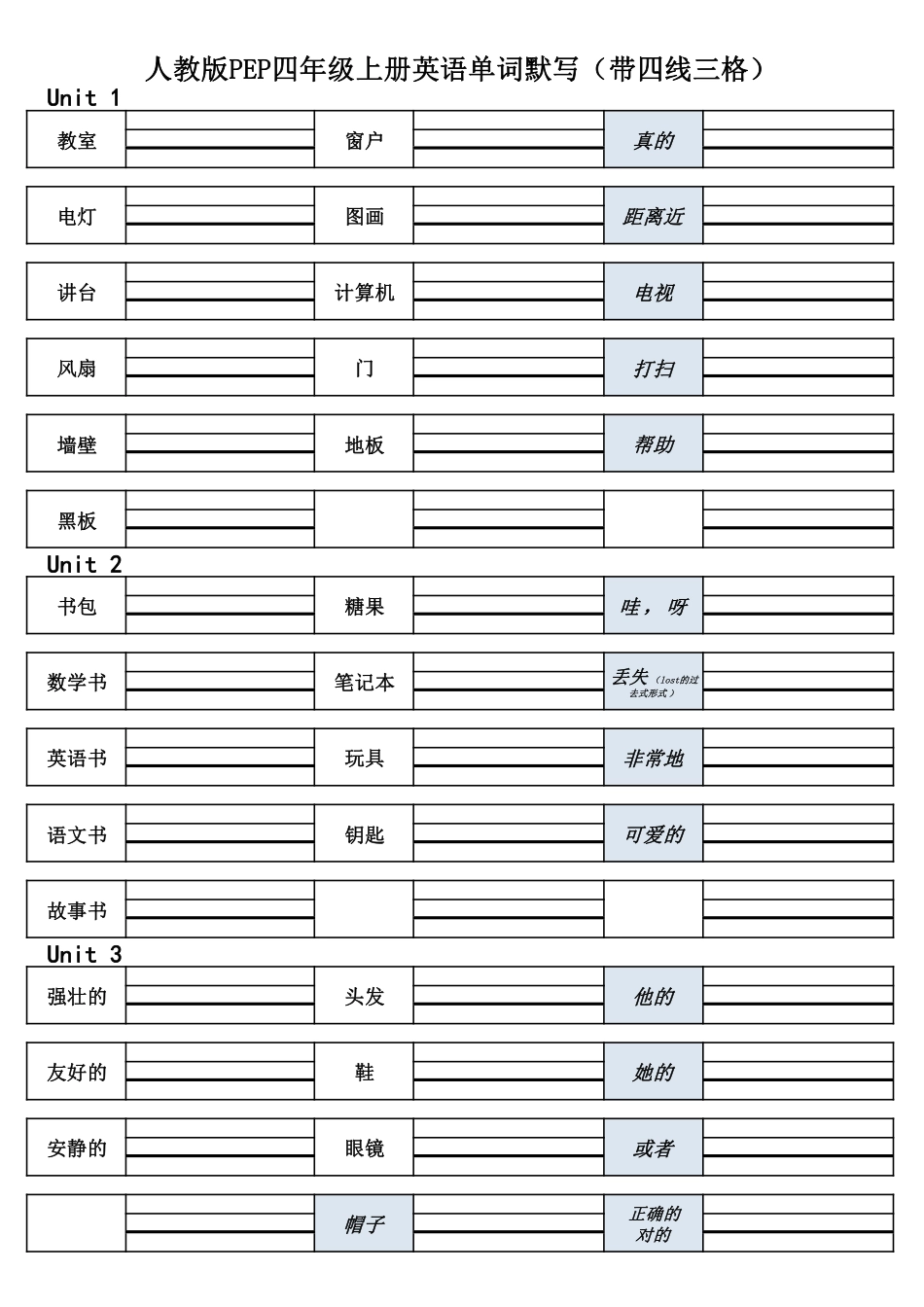 人教版PEP英语四年级上册单词默写(-四线三格).pdf_第1页