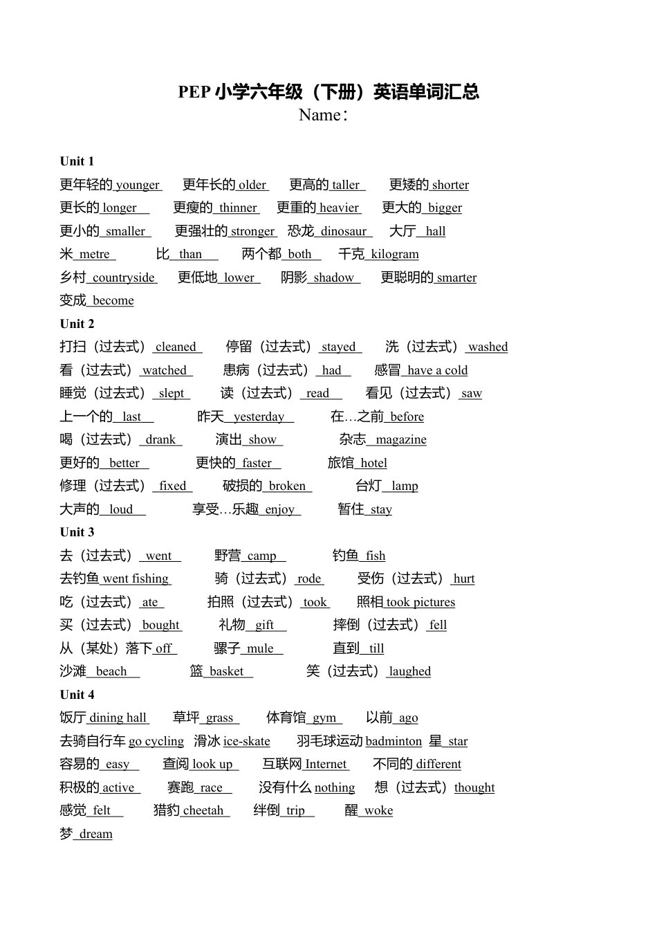 PEP六年级（下册）英语单词（答案）.docx_第1页