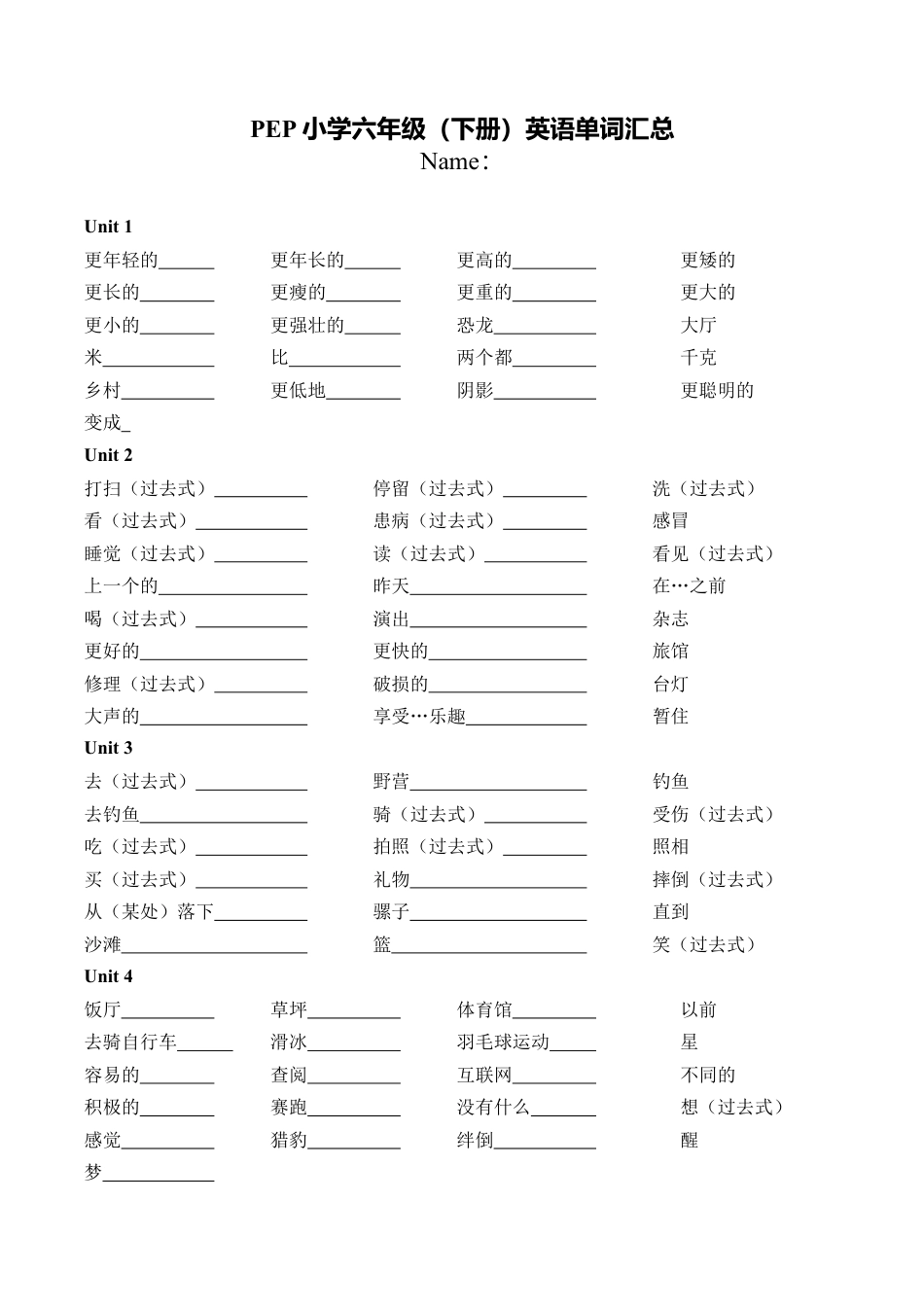 PEP六年级（下册）英语单词（学生默写版）.docx_第1页