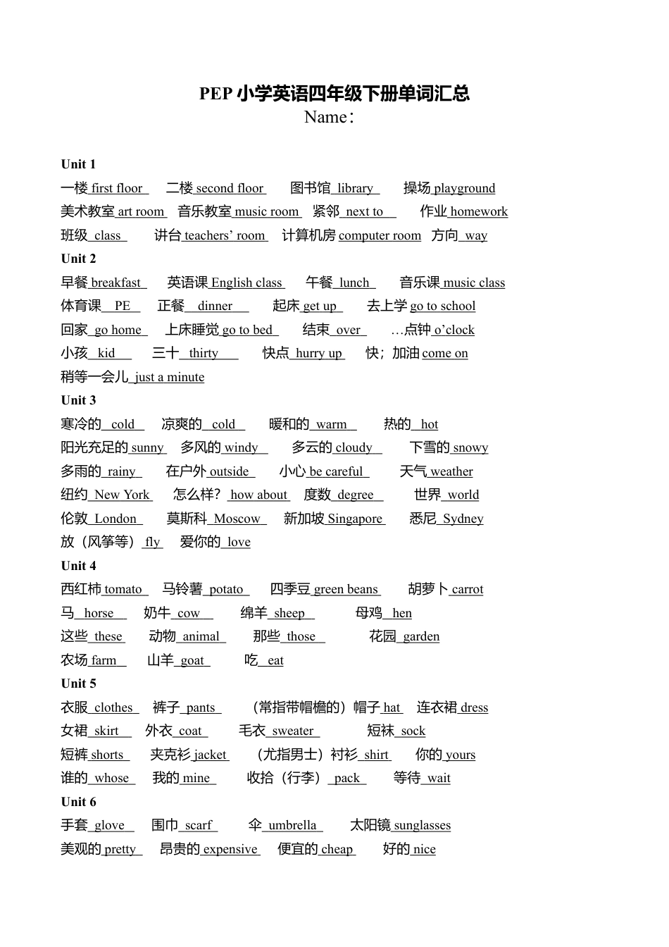 PEP四年级下册单词汇总（答案）.docx_第1页