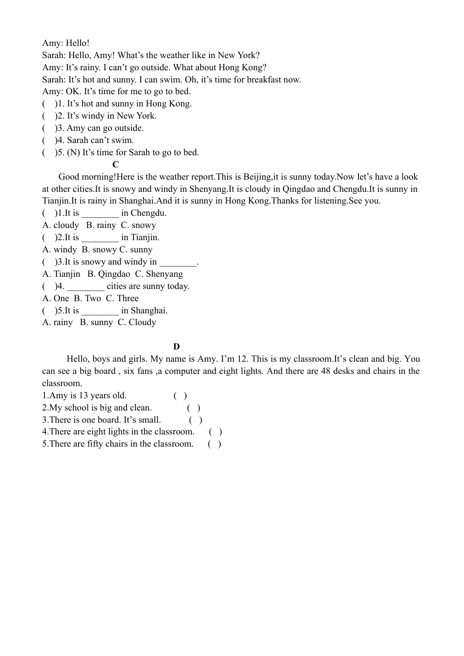 人教PEP英语四年级下册-Unit 3 单元测试1 (2).docx_第3页