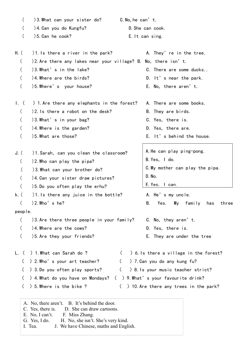 人教PEP英语五年级上册根据问句选答句.docx_第2页