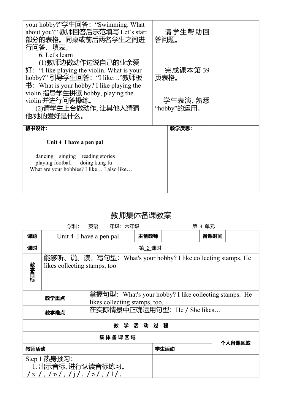 人教版小学6上英语-Unit 4 教师集体备课教案.docx_第2页
