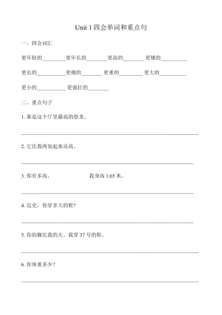 人教版小学英语六年级下册-Unit 1四会单词和重点句子练习.docx