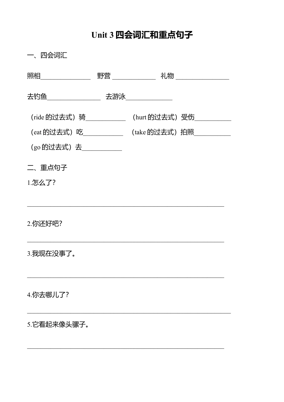 人教版小学英语六年级下册-Unit 3 四会词汇和重点句子练习.docx_第1页
