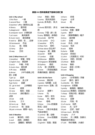 新版PEP四年级英语下册单元词汇表.docx