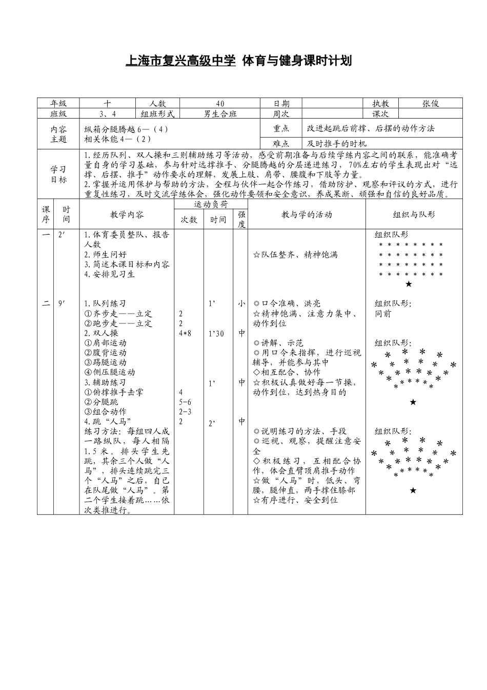 上海市复兴高级中学体育与健身课时计划.docx_第1页