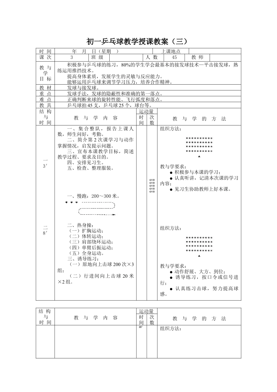 初一乒乓球教学授课教案3.docx_第1页