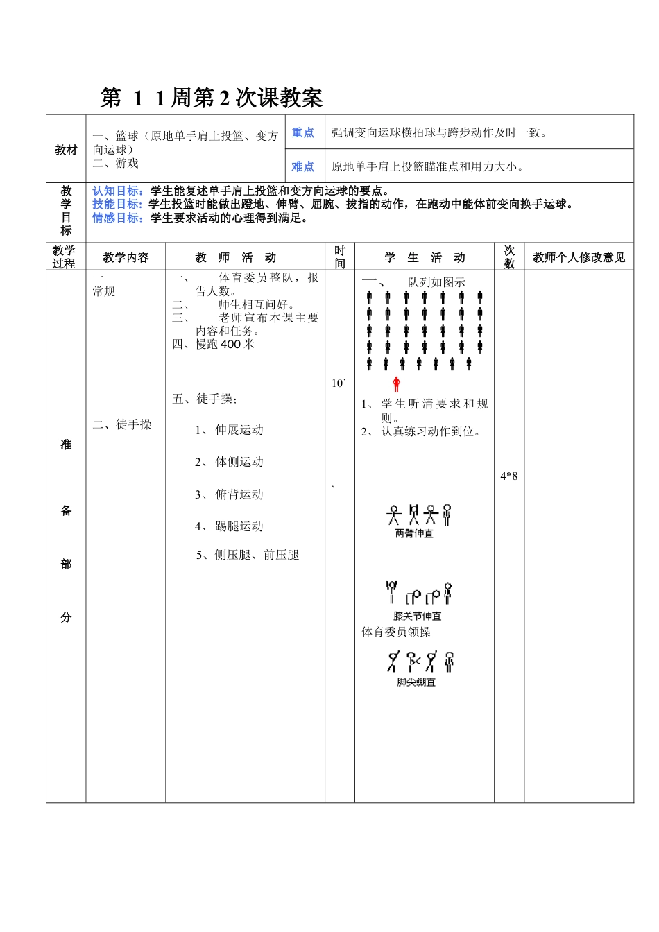 初中八年级体育课教案第11周第2次课教案总22次备课教师.docx_第1页