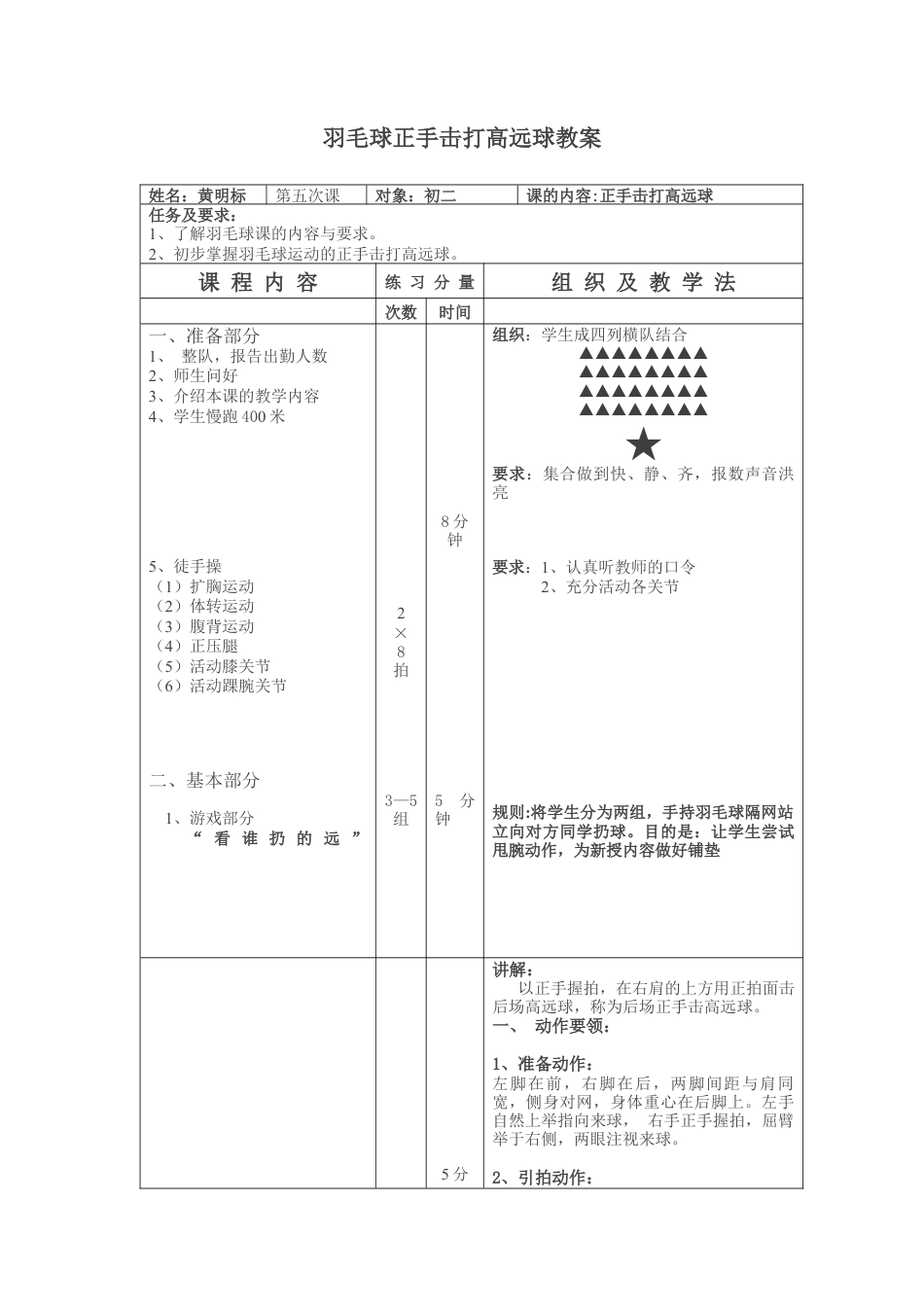 初中羽毛球正手击打高远球教案.docx_第1页