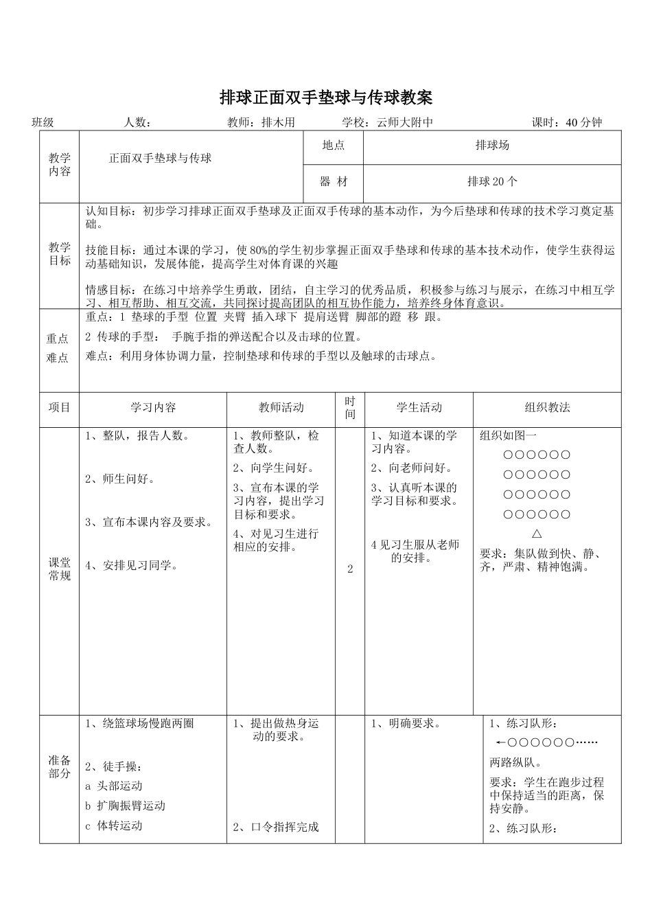71-排球正面双手垫球与传球教案.docx_第1页