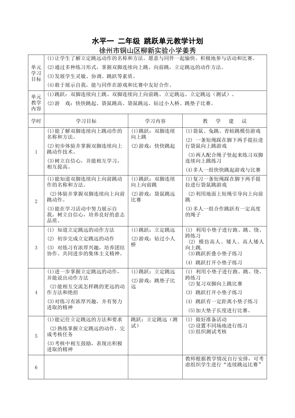 二年级跳跃单元教学计划（江苏省小学体育优秀课比赛教案）.docx_第1页