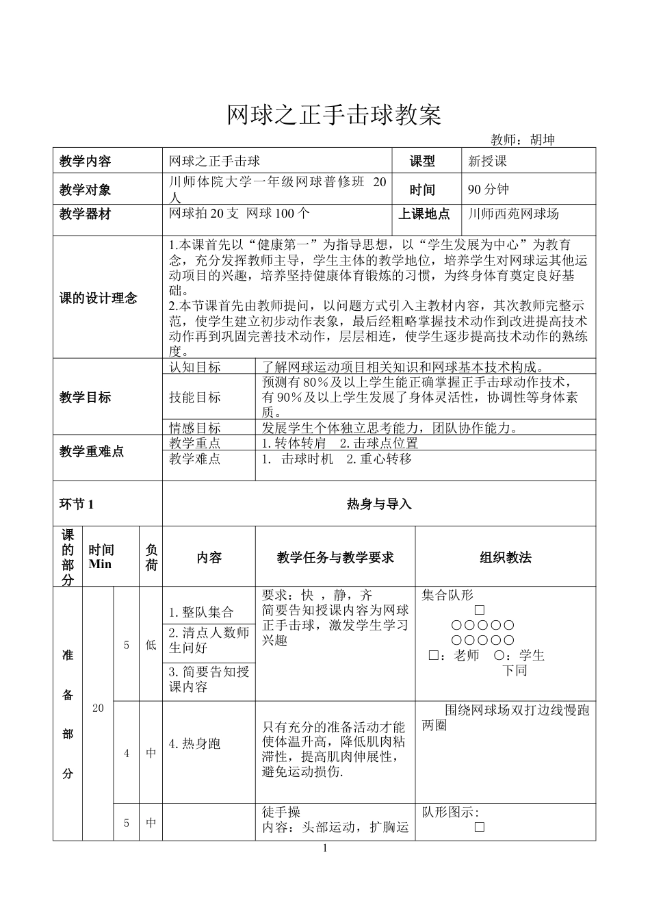 胡坤-教案-网球之正手击球.docx_第1页
