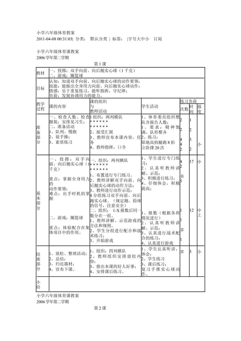 小学六年级体育教案(3).docx_第1页