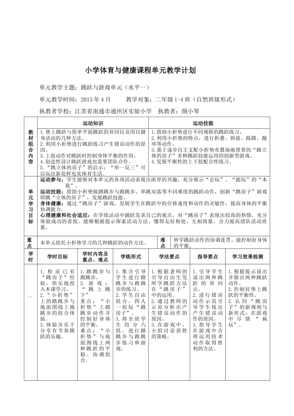 小学体育与健康课程单元教学计划跳跃与游戏单元（水平一）（江苏省小学体育优秀课比赛教案）.docx_第2页