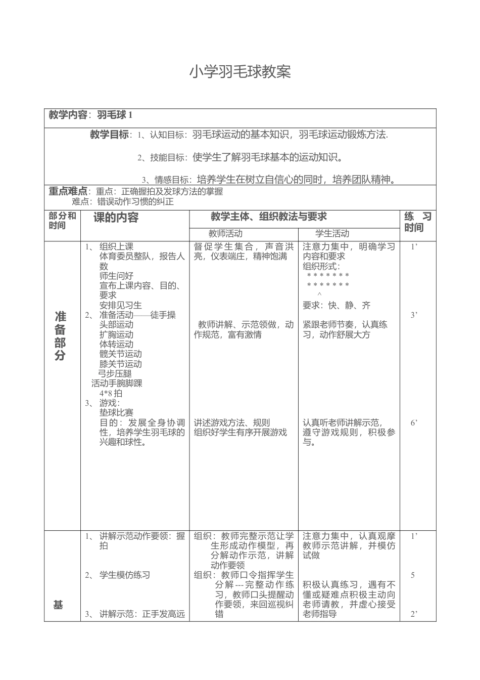 小学羽毛球教案全（15课时）.docx_第1页